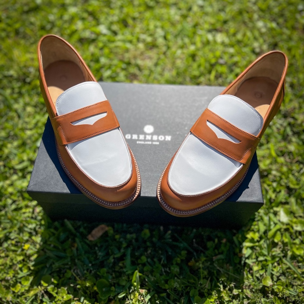 NIB Grenson Men’s Shoes Two Tone Penny Loafers Goodyear Welt Bench Made size 12